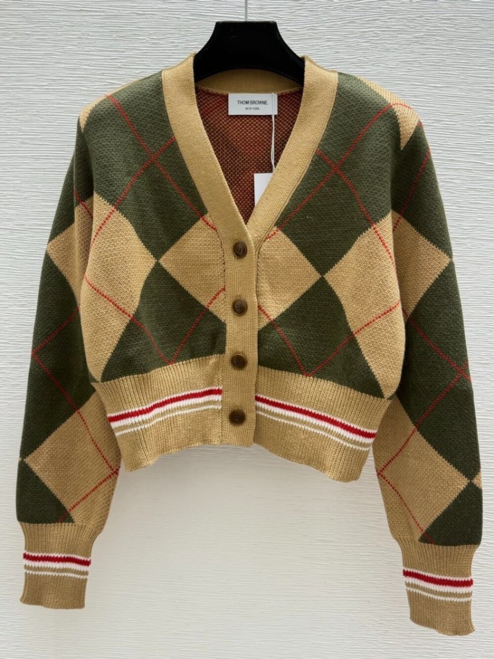 Thom Browne V Neck Diamond Plaid Knit Cardigan
